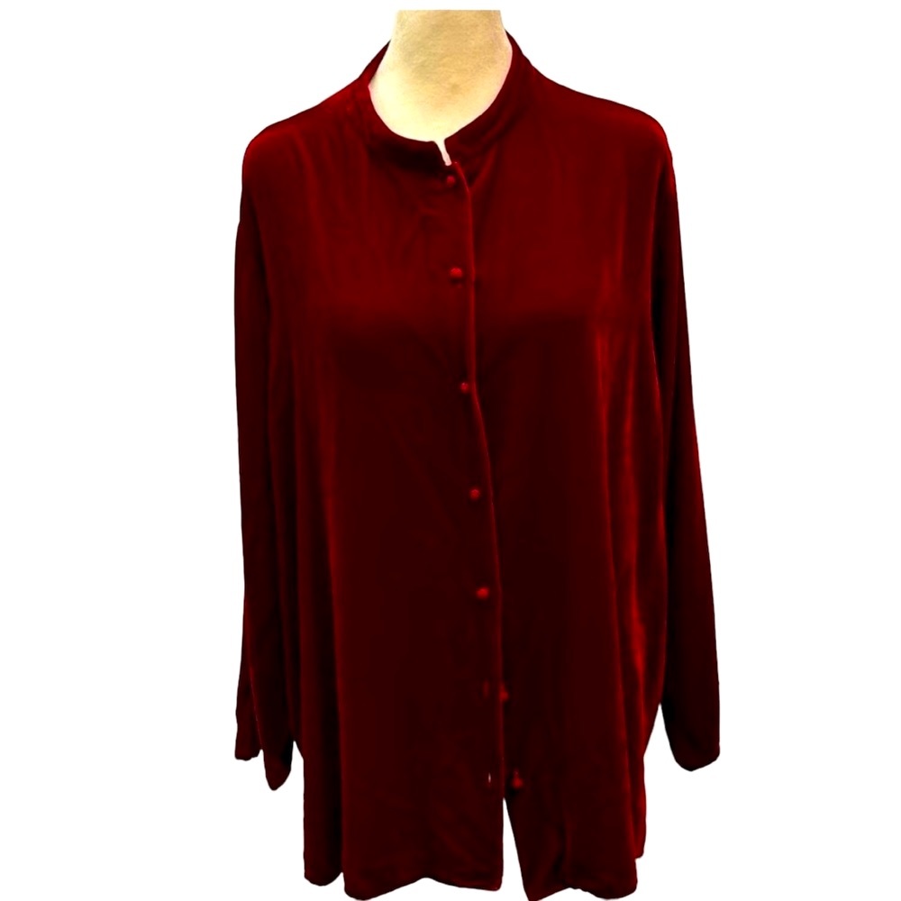 Eileen Fisher Velvet Button Down Tunic w/ Mandarin Collar. Garnet. Size 1X. EUC